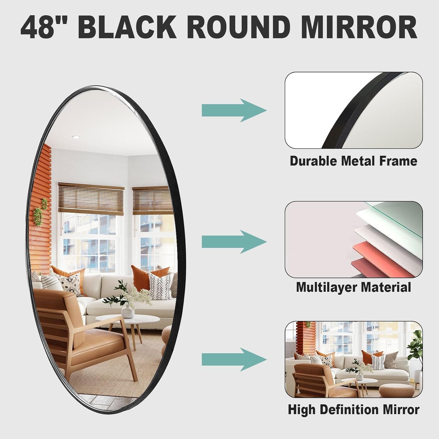 48 Inch Large round Mirror Black, Metal Framed Oversized Bathroom Wall Circle Mirror | Huge Modern Vanity Mirror, Bathroom Mirrors for over Sink, Bedroom, Living Room, Decor Entryway