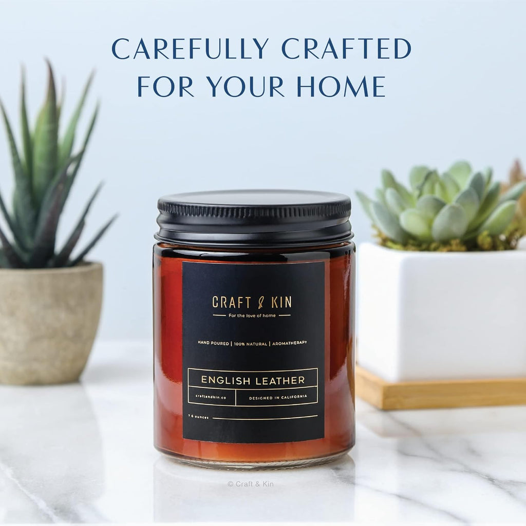 Scented Candle for Men | Premium English Leather Candle | All-Natural Scent for Home | Long Lasting Winter Candles, 45-Hour Burn Time, 8Oz