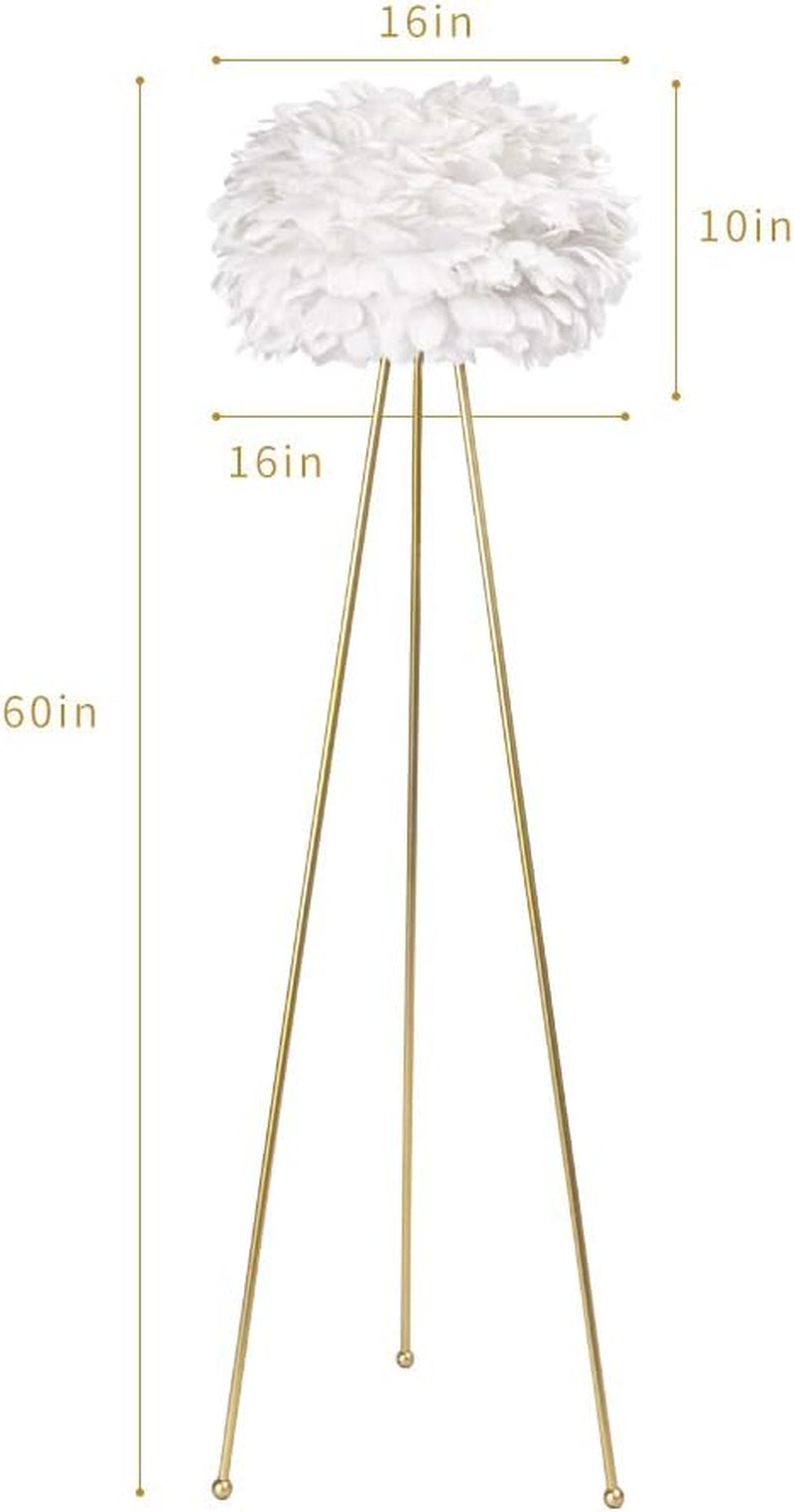 60" Feather Floor Lamp for Living Room, Tripod Floor Lamp with White Feather Shade, Modern Brass Gold Standing Light for Bedrooms Dining Room