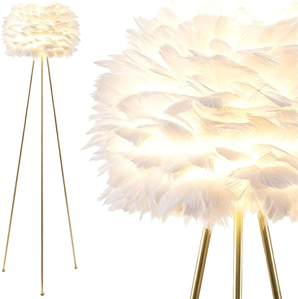 60" Feather Floor Lamp for Living Room, Tripod Floor Lamp with White Feather Shade, Modern Brass Gold Standing Light for Bedrooms Dining Room