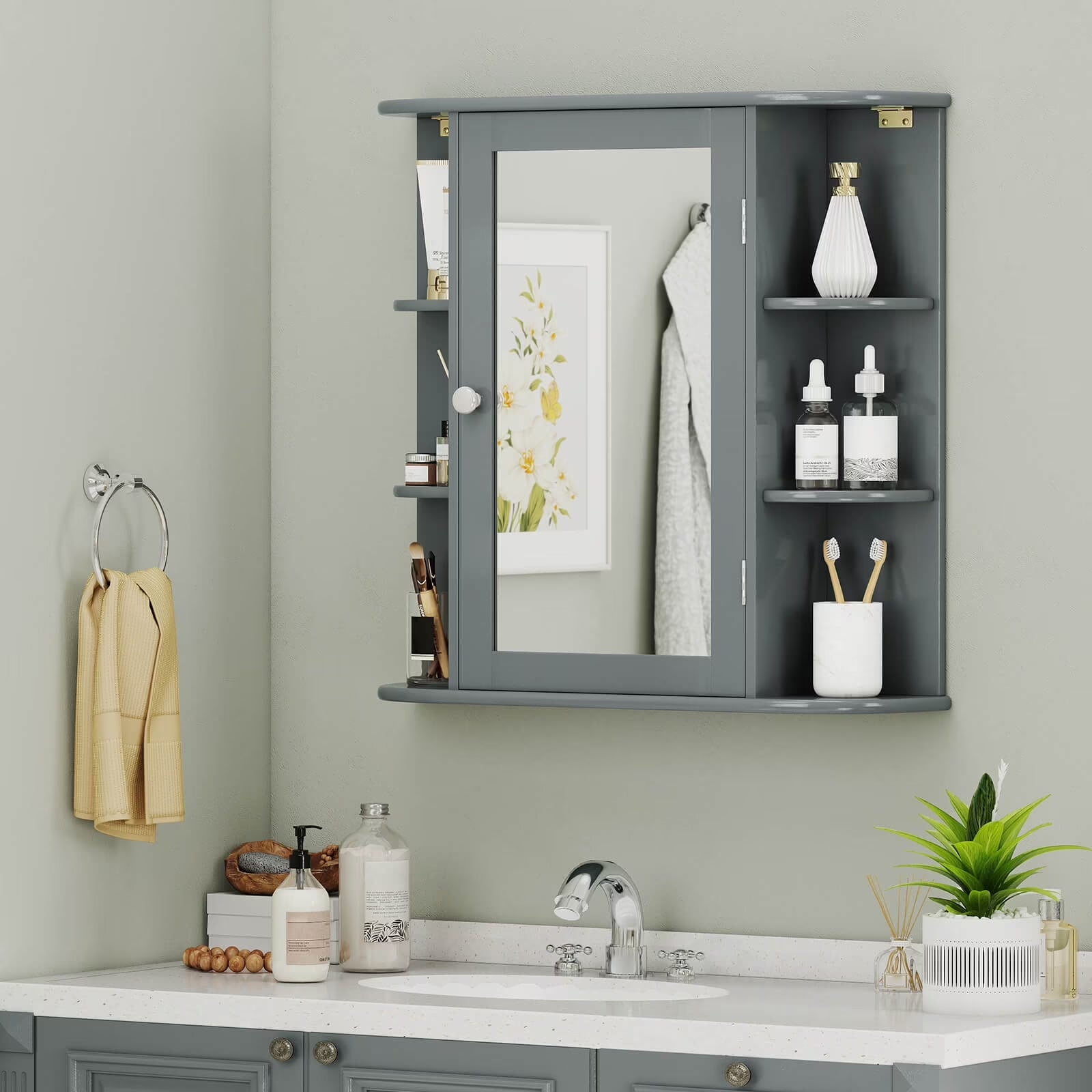Costway Versatile Wall-Mounted Bathroom Storage Cabinet with Mirror in Gray