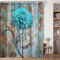 Farmhouse Floral Shower Curtain Set in Rustic Teal and Turquoise Dahlia Design, Country Blue Wild Garden Fabric with Hooks, Surreal Bathroom Decor, 69x70 Inches