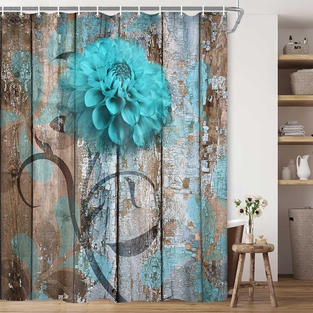 Farmhouse Floral Shower Curtain Set in Rustic Teal and Turquoise Dahlia Design, Country Blue Wild Garden Fabric with Hooks, Surreal Bathroom Decor, 69x70 Inches