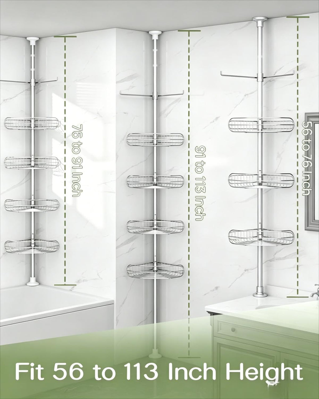 Corner Shower Caddy Tension Pole, 4-Tier Adjustable Shelves, Rustproof Bathroom Shower Organizer Corner for inside Bath Storage, Tension Mounted, 56 to 113 Inch Height, Nickel