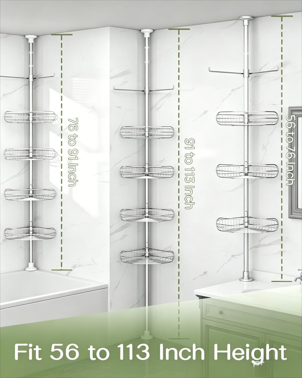 Corner Shower Caddy Tension Pole, 4-Tier Adjustable Shelves, Rustproof Bathroom Shower Organizer Corner for inside Bath Storage, Tension Mounted, 56 to 113 Inch Height, Nickel