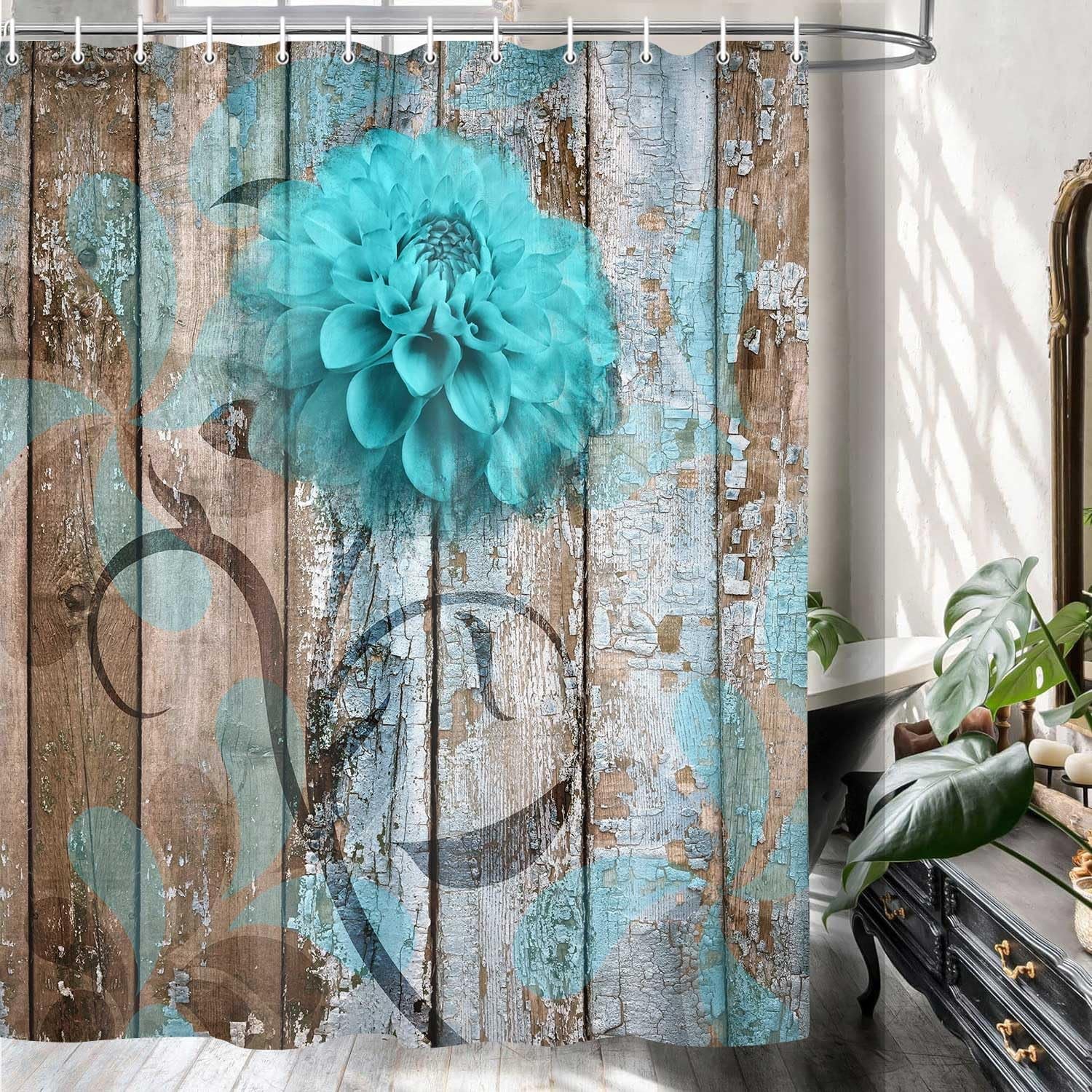 Farmhouse Floral Shower Curtain Set in Rustic Teal and Turquoise Dahlia Design, Country Blue Wild Garden Fabric with Hooks, Surreal Bathroom Decor, 69x70 Inches