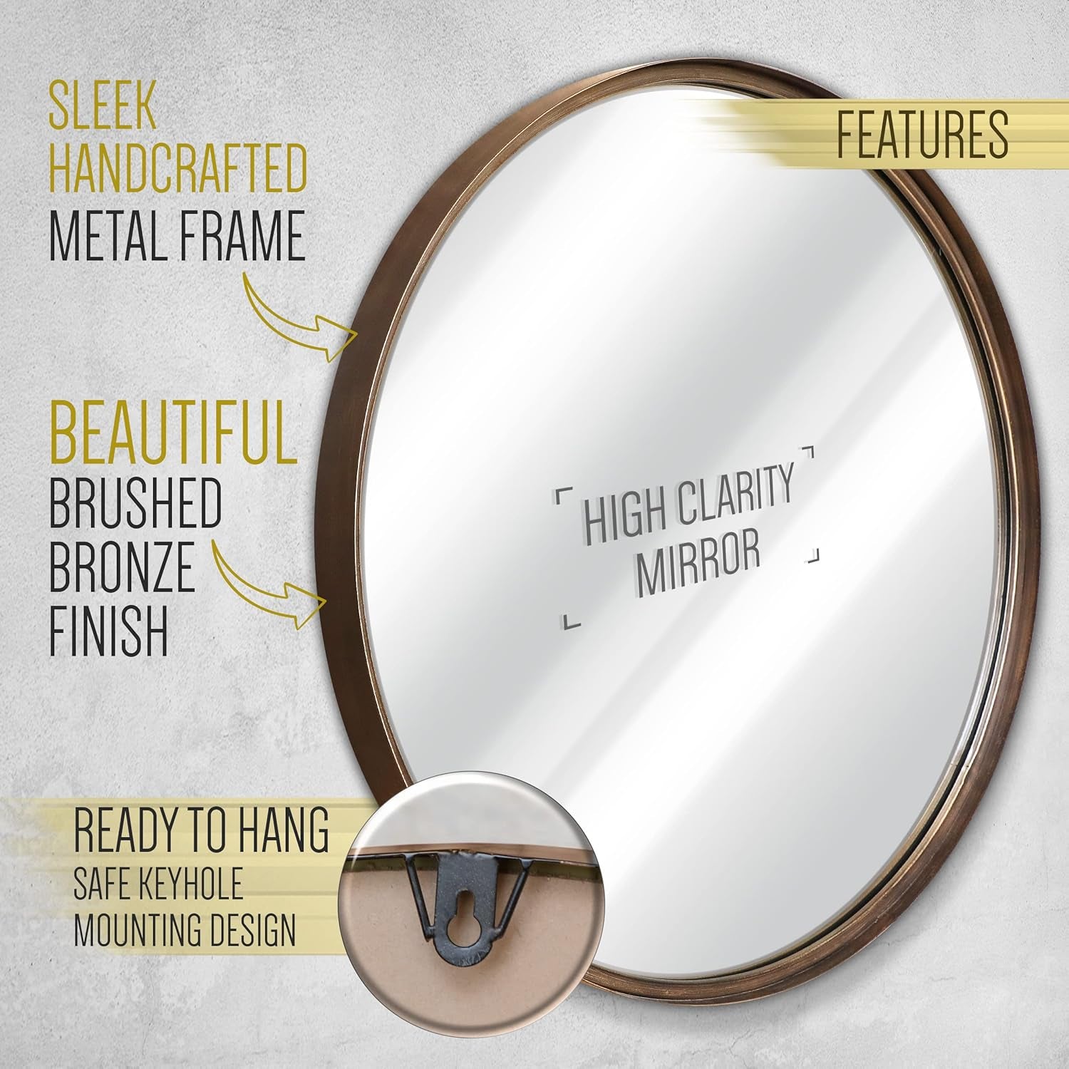 Large round Mirror, 27.5 Inch Brushed Bronze Wall Mirror with Handcrafted Oil Rubbed Frame, Metal Framed Decorative Hanging Mirror for Both Rustic and Boho Design and Decor