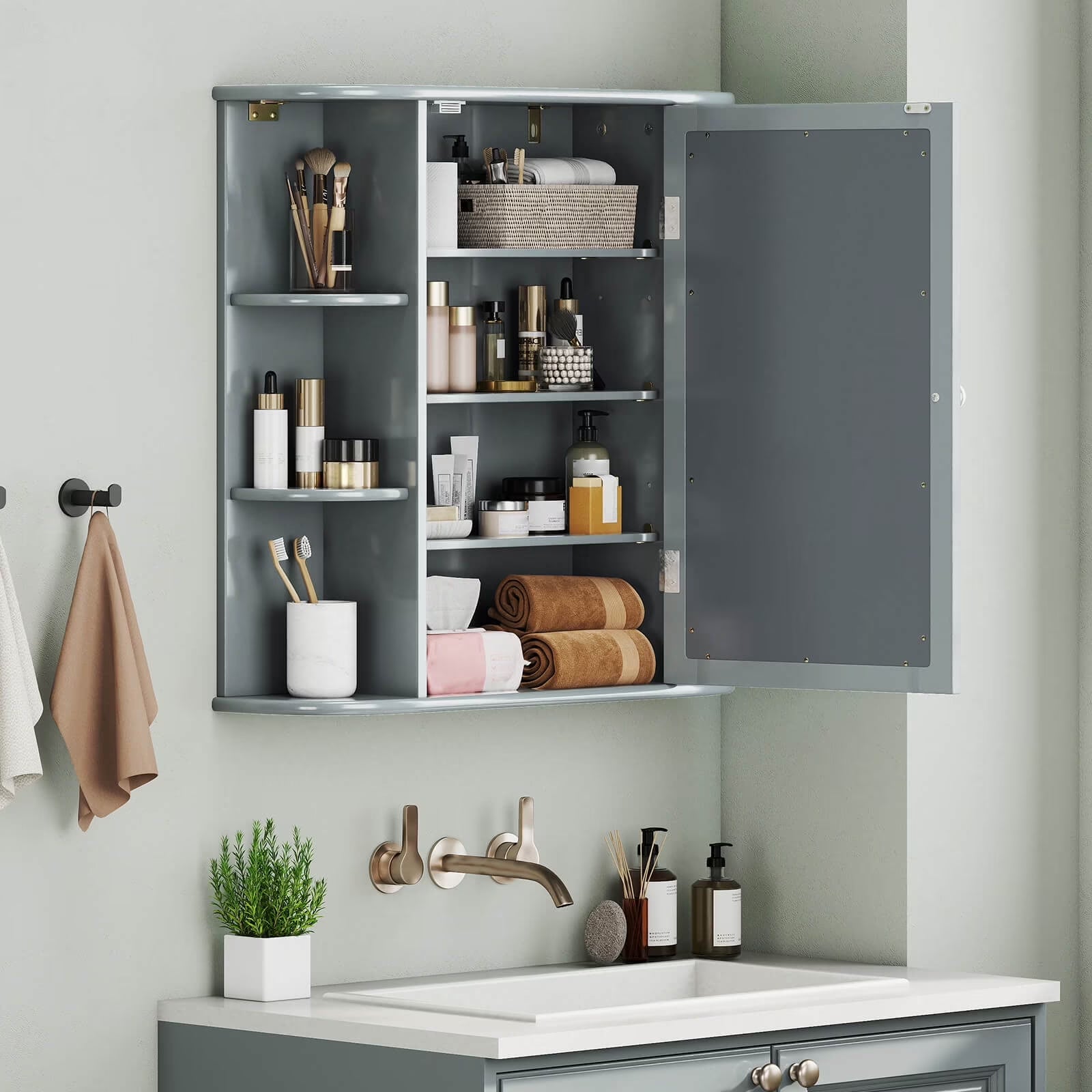 Costway Versatile Wall-Mounted Bathroom Storage Cabinet with Mirror in Gray