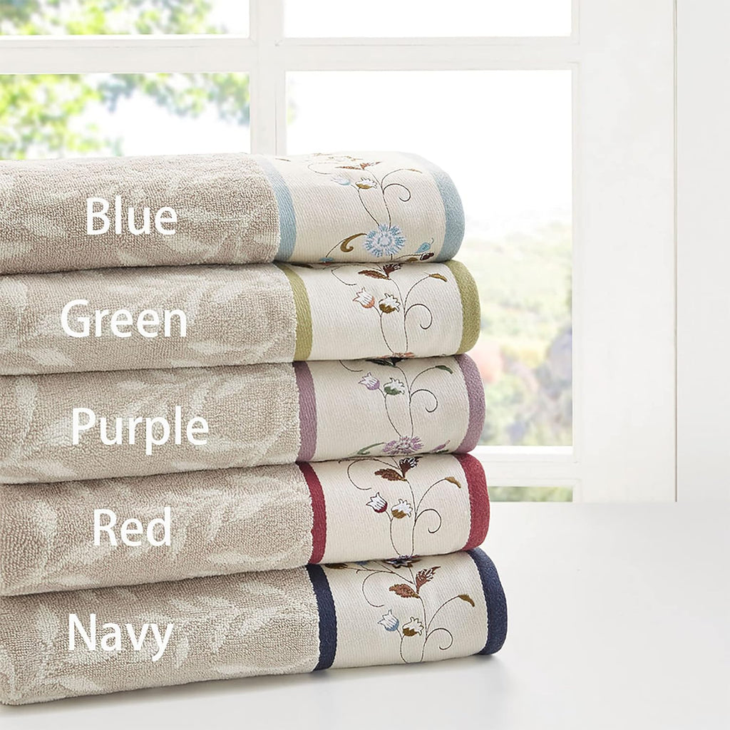 Serene 100% Cotton 6-Piece Bath Towel Set with Luxurious Floral Embroidery, Jacquard Design, Soft and Highly Absorbent, 600 GSM, Available in Multiple Sizes, Blue