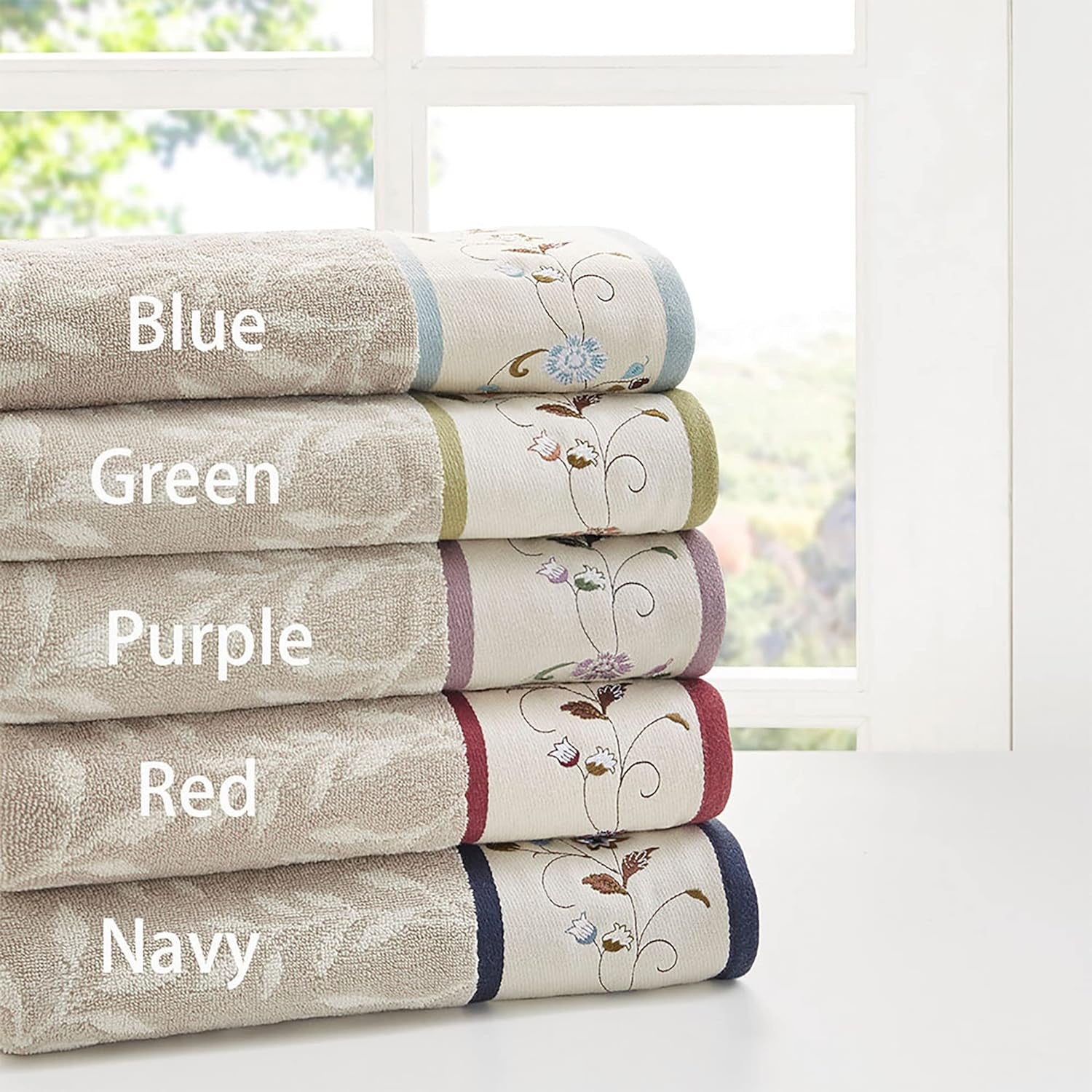 Serene 100% Cotton 6-Piece Bath Towel Set with Luxurious Floral Embroidery, Jacquard Design, Soft and Highly Absorbent, 600 GSM, Available in Multiple Sizes, Blue