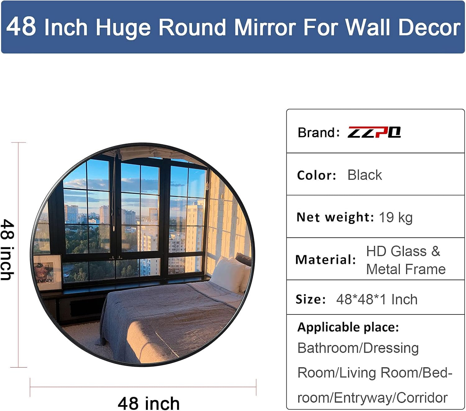 48 Inch Large round Mirror Black, Metal Framed Oversized Bathroom Wall Circle Mirror | Huge Modern Vanity Mirror, Bathroom Mirrors for over Sink, Bedroom, Living Room, Decor Entryway
