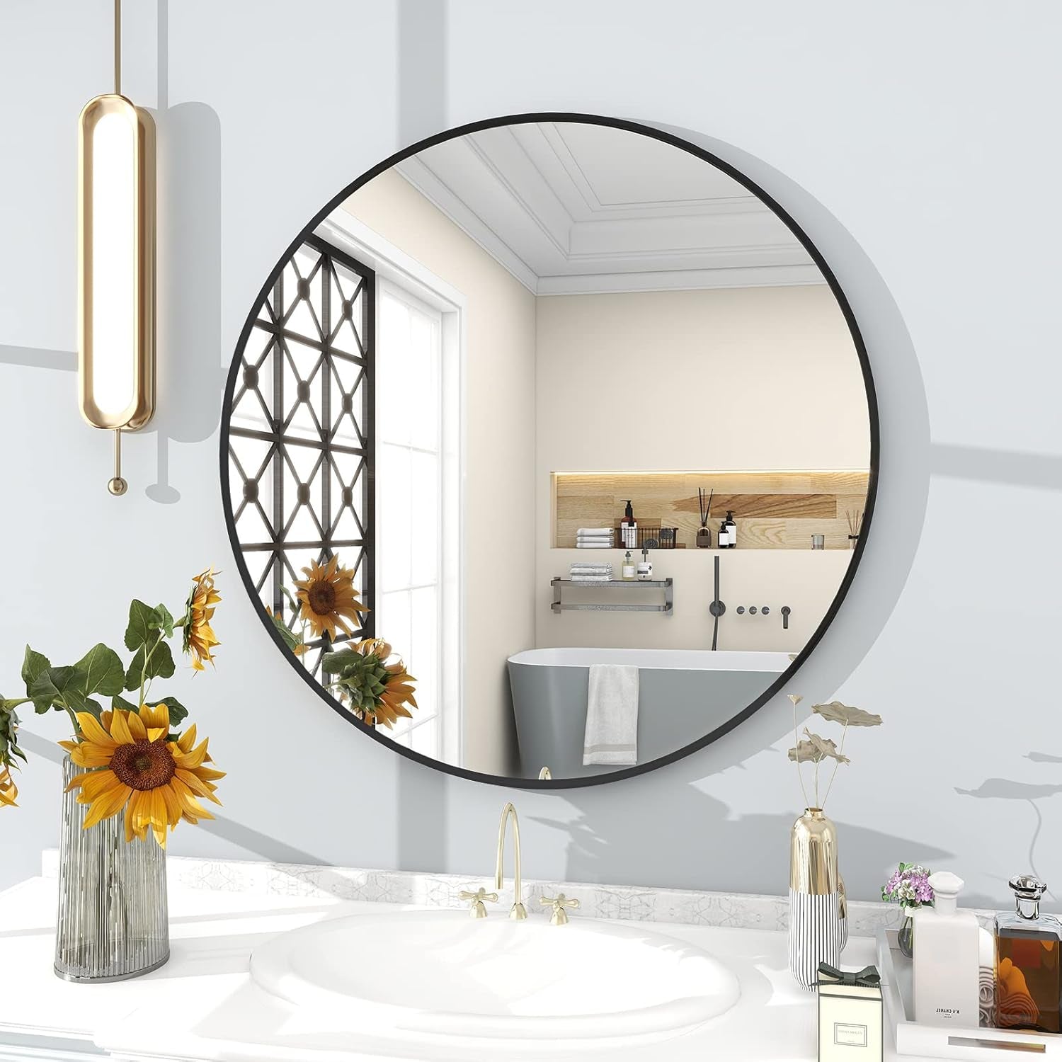 30 Inch round Mirror, Metal Frame Circle Mirror, Wall Mounted for Entryway, Bathroom, Vanity, Living Room, Black