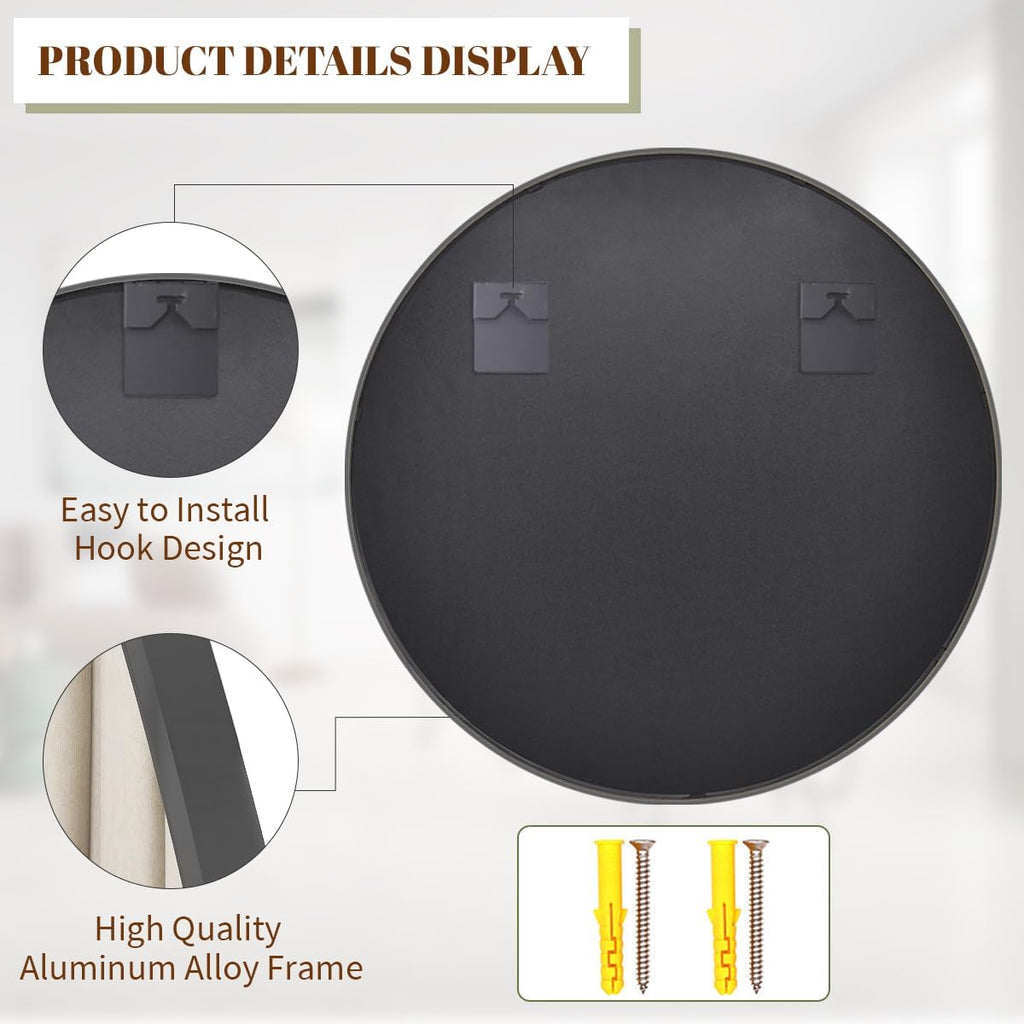 30 Inch round Mirror, Metal Frame Circle Mirror, Wall Mounted for Entryway, Bathroom, Vanity, Living Room, Black