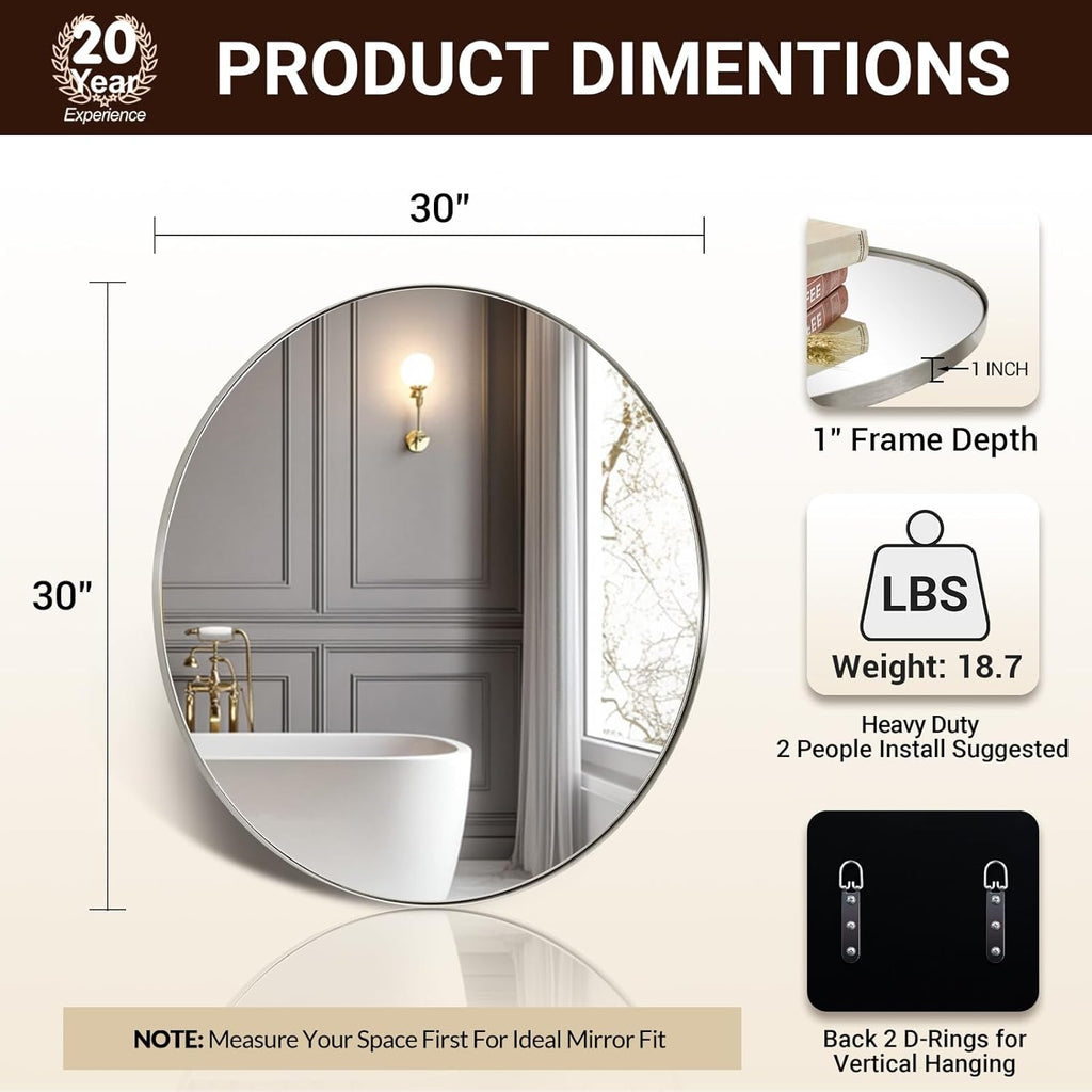 30" round Brushed Nickel Bathroom Mirror, Silver Wall Mirror for Bathroom，Metal round Circle Mirror for Wall, Bathroom (Premium Stainless Steel Frame)