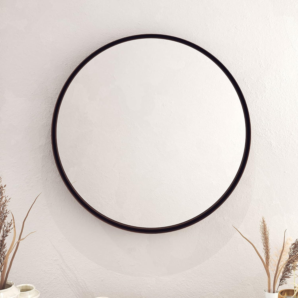 Large round Mirror, 27.5 Inch Brushed Bronze Wall Mirror with Handcrafted Oil Rubbed Frame, Metal Framed Decorative Hanging Mirror for Both Rustic and Boho Design and Decor