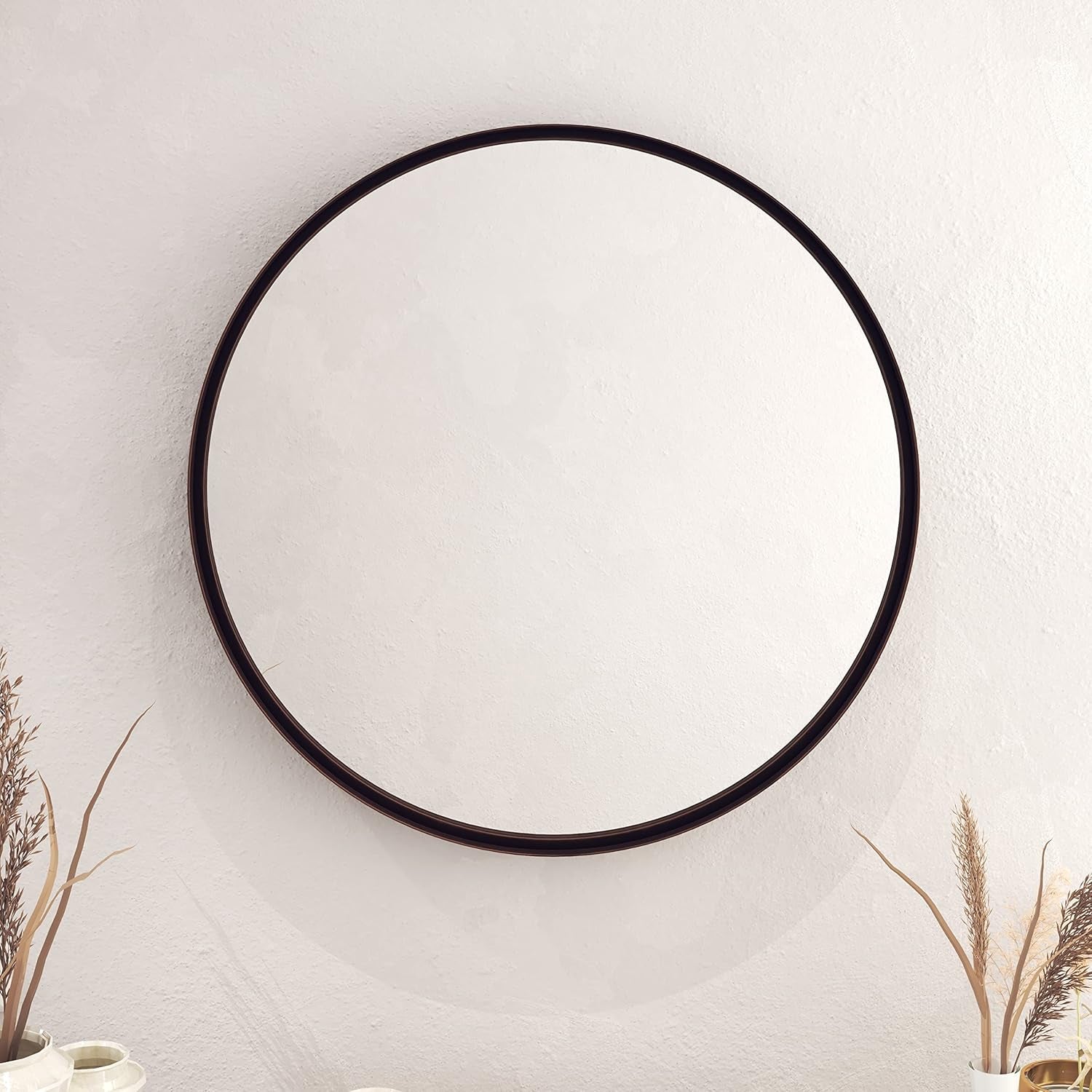 Large round Mirror, 27.5 Inch Brushed Bronze Wall Mirror with Handcrafted Oil Rubbed Frame, Metal Framed Decorative Hanging Mirror for Both Rustic and Boho Design and Decor